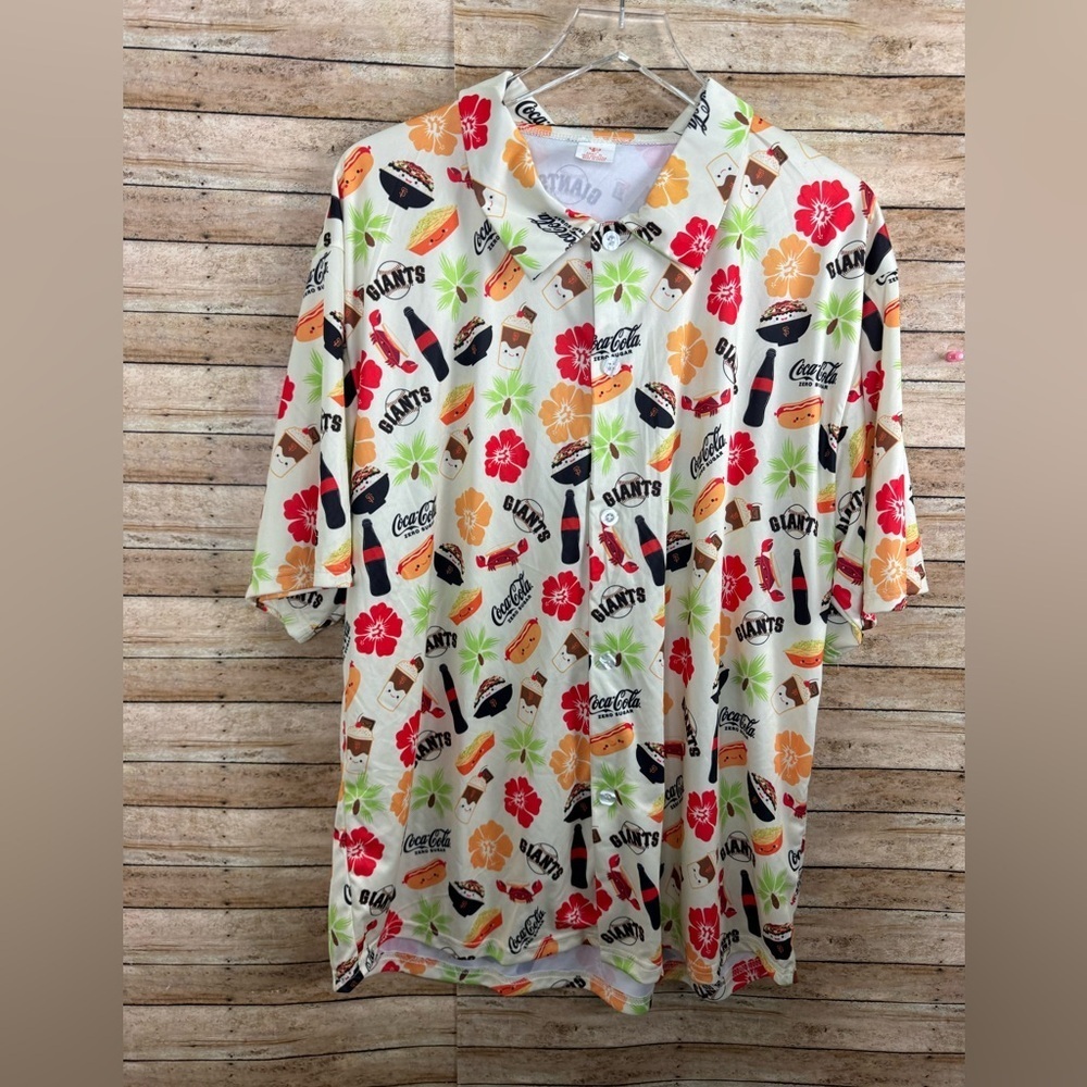 San Francisco Giants Shirt Men XL Off White Orange Coca Cola Hawaiian Food Print